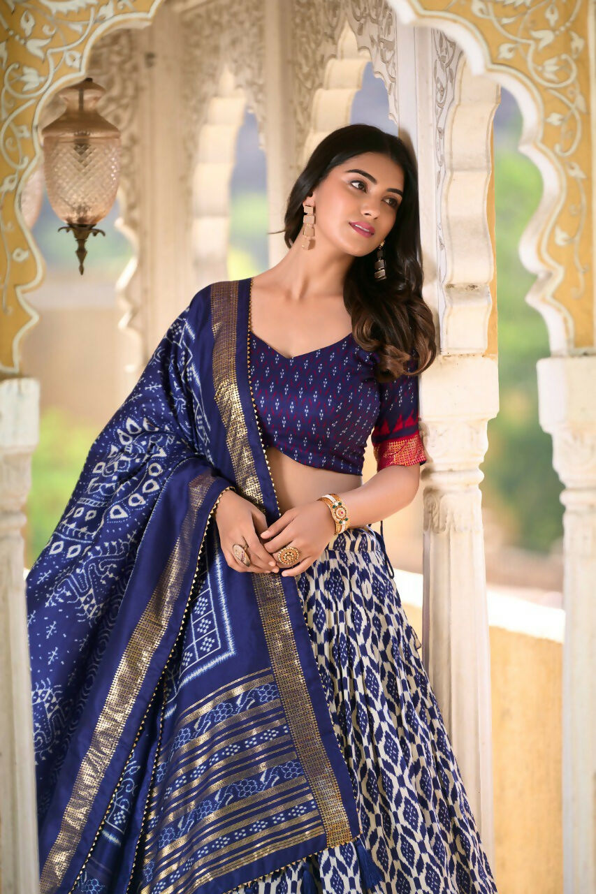 Vastranavya Designer Ikkat Print With Foil Work Lehenga Choli - Navy Blue - Distacart