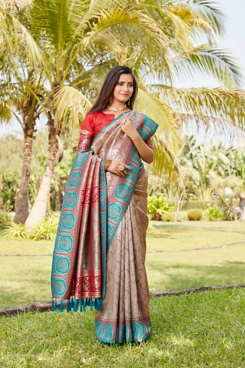 Vastranavya Boutique Collection Kanjivaram Soft Silk Saree With Unstitched Blouse - Peach - Distacart