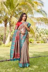 Thumbnail for Vastranavya Boutique Collection Kanjivaram Soft Silk Saree With Unstitched Blouse - Peach - Distacart