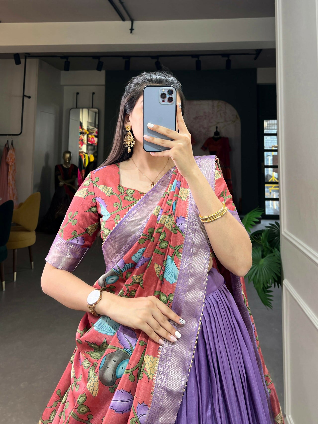 Vastranavya Kalamkari Printed Dola Silk Lehenga Choli - Lavander