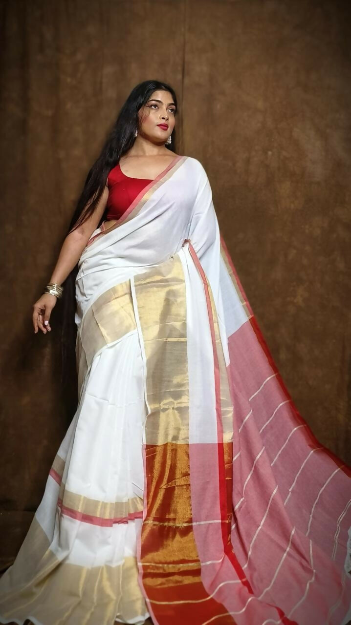 Exclusive Collection White Red Pure Cotton Handloom Gorgeous Saree