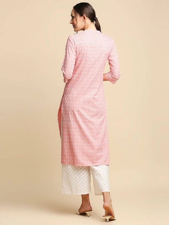 Anubhutee Peach-Coloured & White Khari Printed Straight Kurta - Distacart