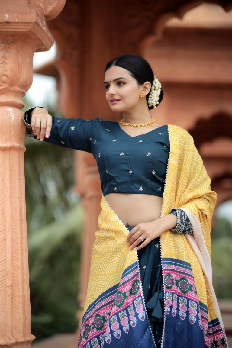 Vastranavya Navaratri Collection Myra Silk Lehenga & Blouse With Maslin Crochet Printed Dupatta Set - Turquoise - Distacart