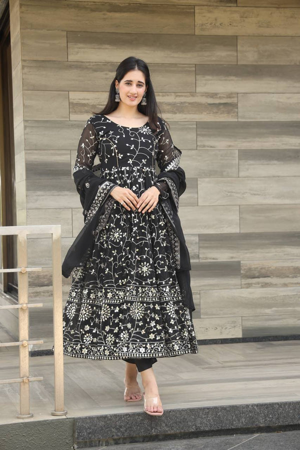 Teeya Creation Black Color Georgette Heavy Embroidery And Sequence Work Anarkali With Pants And Dupatta - Distacart