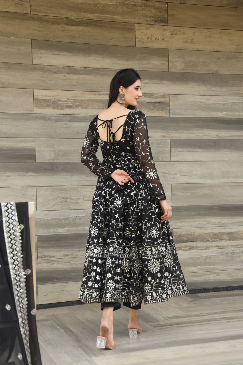 Teeya Creation Black Color Georgette Heavy Embroidery And Sequence Work Anarkali With Pants And Dupatta - Distacart