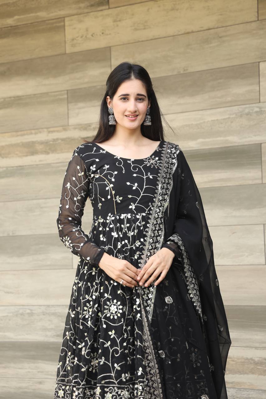 Teeya Creation Black Color Georgette Heavy Embroidery And Sequence Work Anarkali With Pants And Dupatta - Distacart