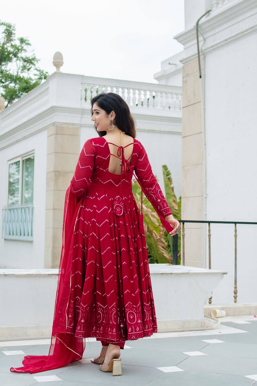 Teeya Creation Maroon Color Georgette Heavy Embroidery And Sequence Work Anarkali With Pants And Dupatta - Distacart
