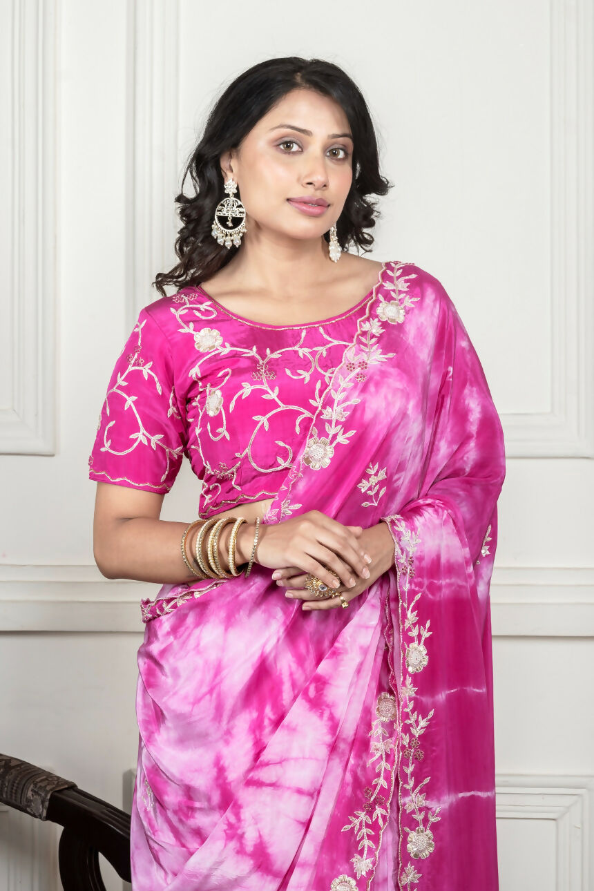 Morchari Pink Crepe Hand Embroidery Saree And Stitched Blouse