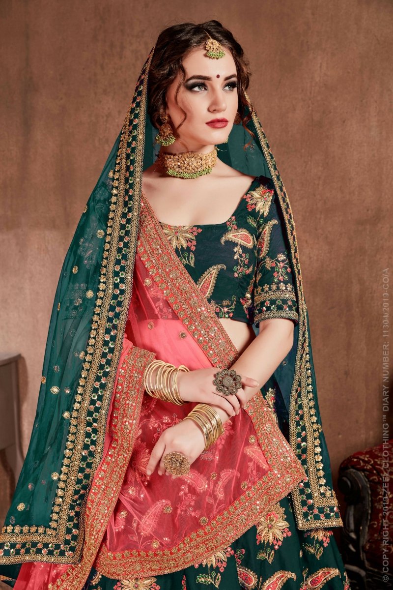 Aastha Fashion Women's Ethnic Dark Green Colored Bridal Wear Designer Embroidered Lehenga choli - Distacart