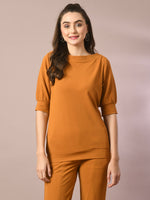 Thumbnail for Myshka Women's Mustard Solid Boat Neck Party Top - Distacart