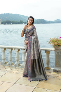 Thumbnail for Aastha Fashion Grey Floral Printed Cotton Silk Saree with Blouse - Distacart