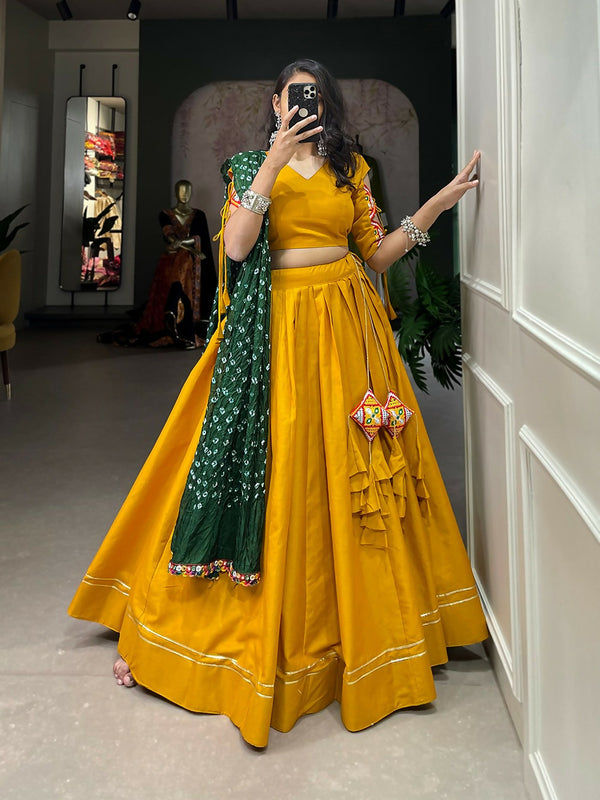 Vastranavya Navaratri Special Pure Cotton Plain With Gotta Patti Touch Up Lehenga Stitched Choli - Mustard - Distacart
