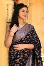 Thumbnail for Joban Fashion Navy Blue Crepe Chiffon Pure Handloom Banarasi Silk Saree