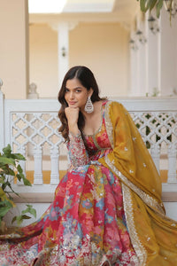 Thumbnail for Jyoti Fashion Women's Pink & Yellow Russian Silk Sequins Zari Embroidery Anarkali Dress with Dupatta - Distacart
