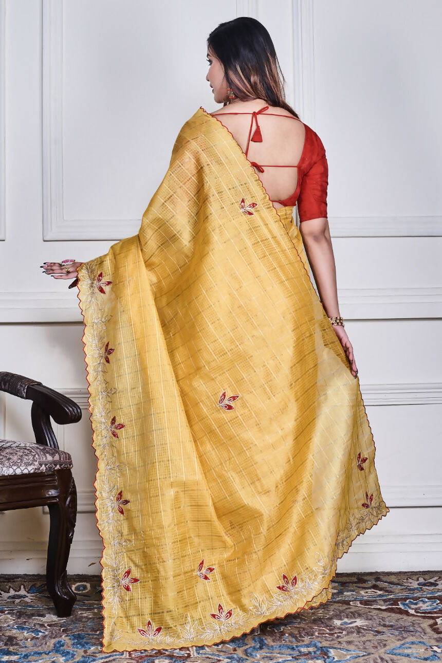 Morchari Yellow Kota Check Zari Embroidery Saree Unstitched Blouse
