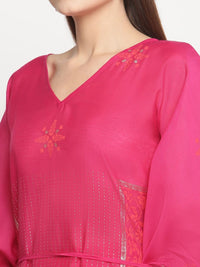 Thumbnail for Ahalyaa Pink Chanderi Orange khari Print Kaftan With Trouser