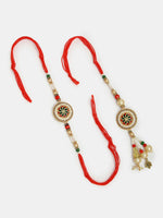 Thumbnail for NVR Women & Men Set of 2 Gold-Toned Stone-Studded & Beaded Bhaiya Bhabi Rakhi With Roli Chawal - Distacart
