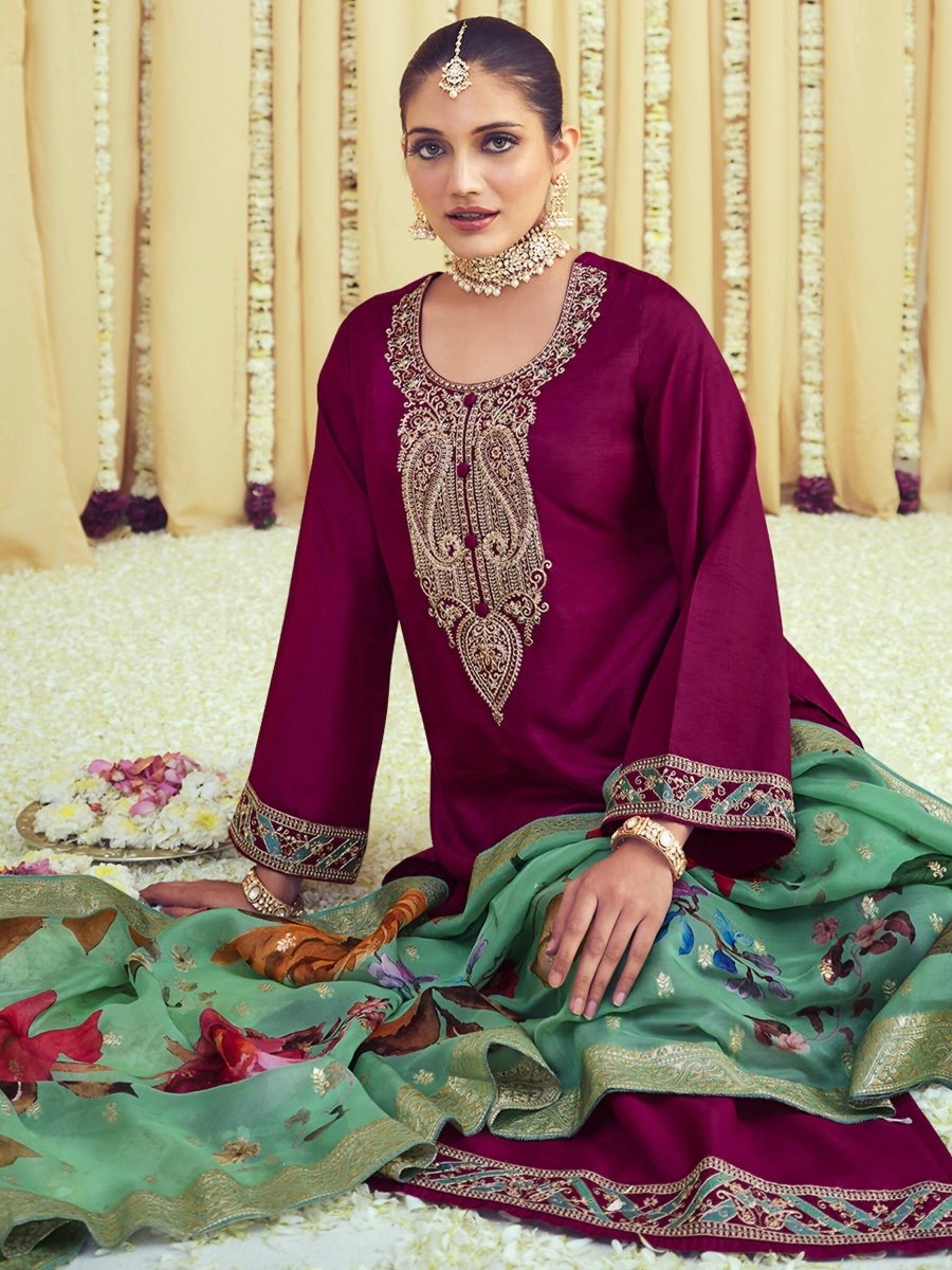 Aastha Fashion Women's Magenta Raw Silk Cording with Resham Thread work Kurta with Trouser & Dupatta - Distacart