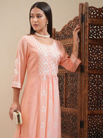 Thumbnail for Vishudh Peach-Coloured Floral Embroidered Thread Work Straight Kurta With Palazzos - Distacart