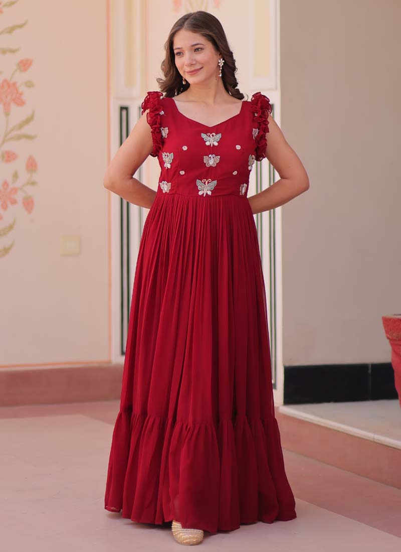 Prazu Fashion Maroon Georgette Embroidered Designer Gown
