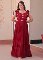 Thumbnail for Prazu Fashion Maroon Georgette Embroidered Designer Gown
