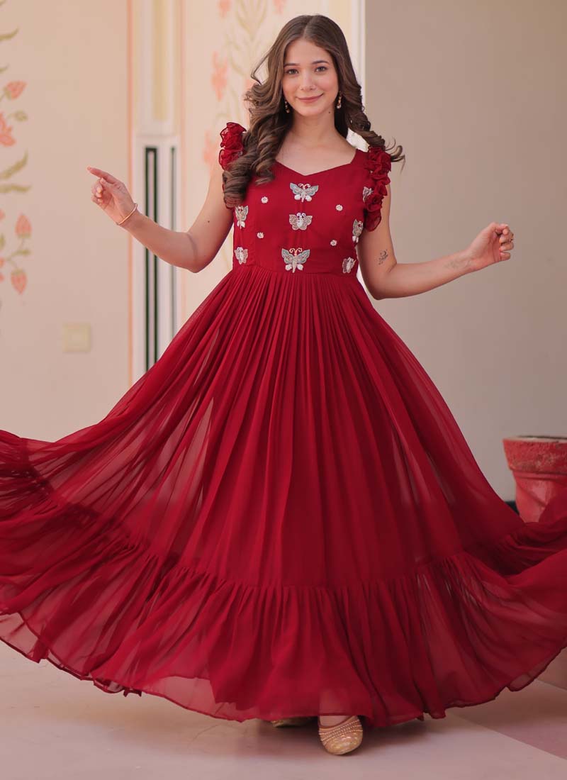 Prazu Fashion Maroon Georgette Embroidered Designer Gown
