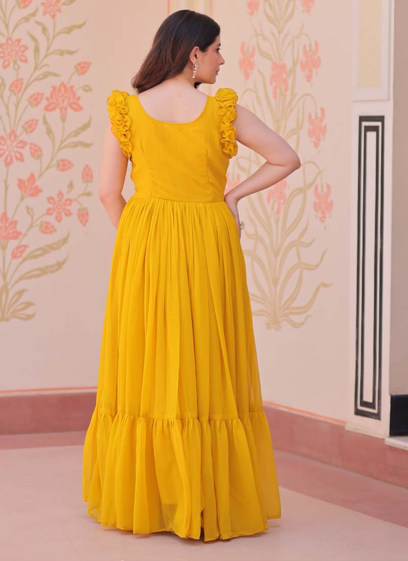 Prazu Fashion Yellow Georgette Embroidered Designer Gown