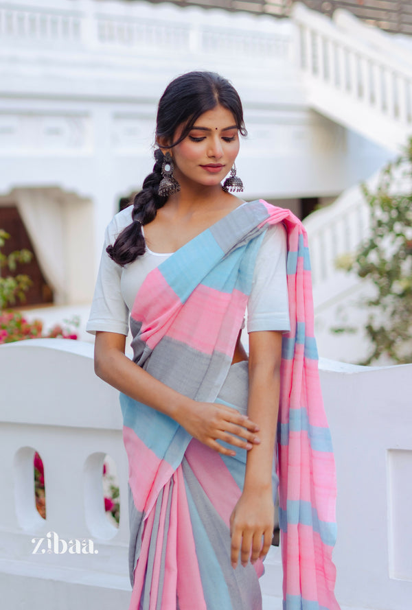 Zibaa Hand-Dyed Mul Cotton Striped Saree with Tassels