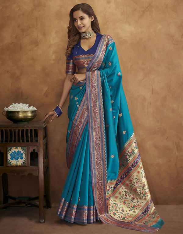Vastranavya Blue Soft Paithani Silk Saree With Gold Zari Weaving Motifs With Matching Blouse Fabric - Distacart