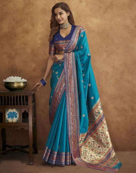 Vastranavya Blue Soft Paithani Silk Saree With Gold Zari Weaving Motifs With Matching Blouse Fabric - Distacart
