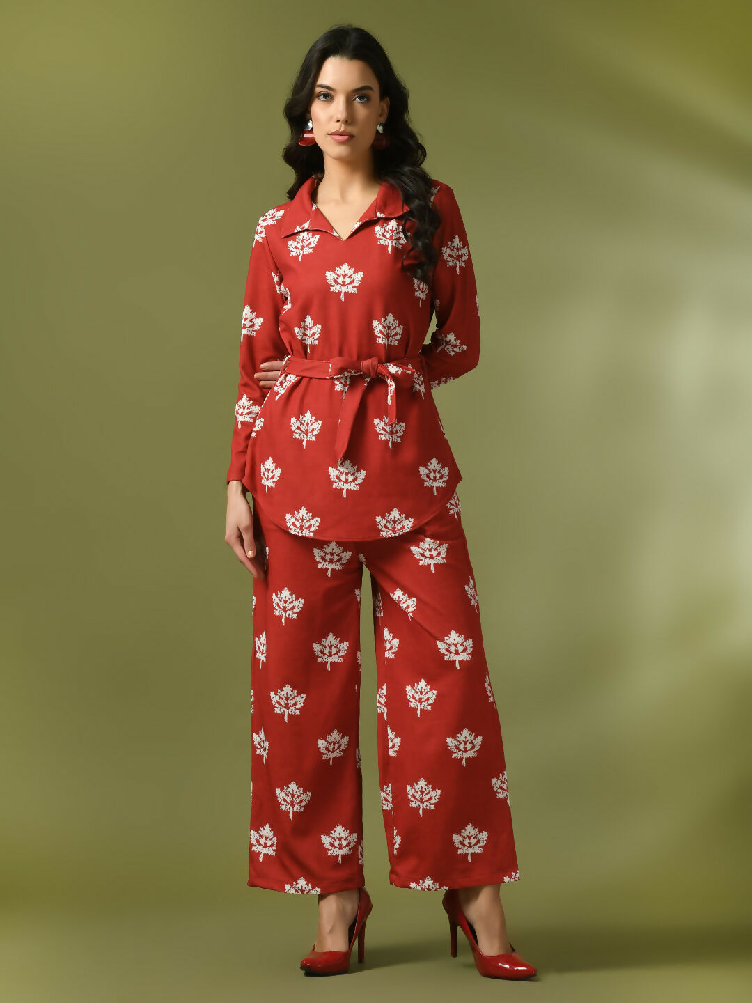 Myshka Women's Rust Printed Polo Collar Party Top With Trousers Co-ord set - Distacart