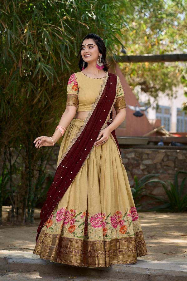 Vastranavya Stunning Cotton Silk Thread Embroidery Work Lehenga Choli - Cream - Distacart