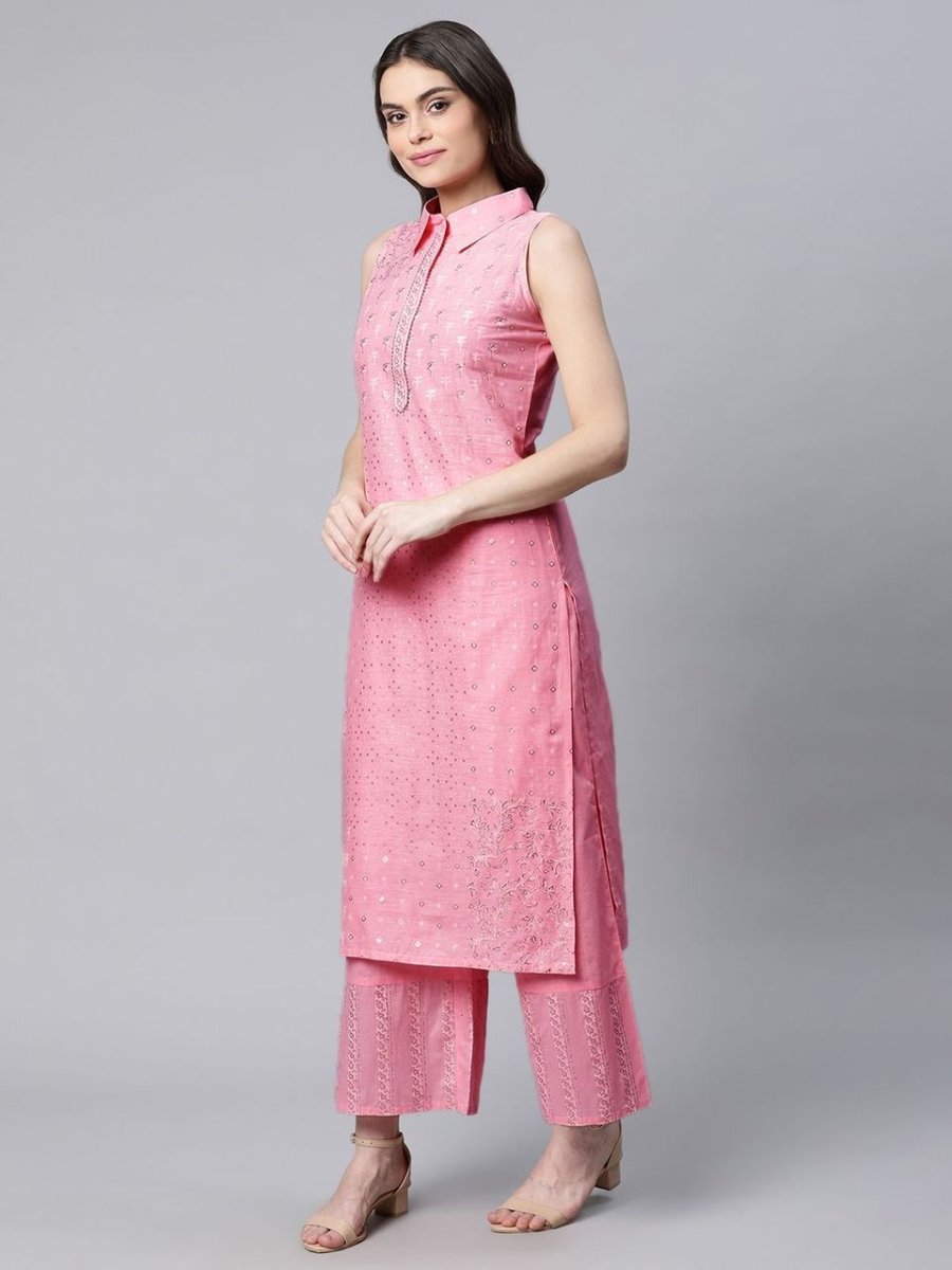 Ahalyaa Women Light Pink Colour Pure Cotton Printed Kurta Palazzo Set - Distacart