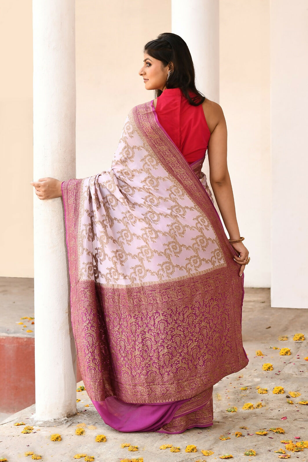 Joban Fashion Pastel Lilac Crepe Chiffon Pure Handloom Banarasi Silk Saree