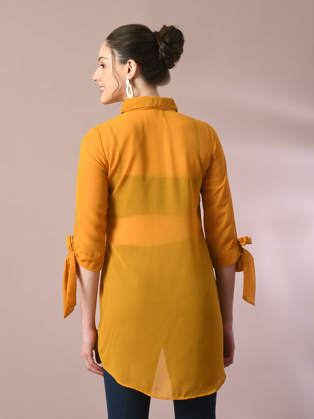 Myshka Women's Yellow Solid Georgette Longline Party Sheer Tunic - Distacart