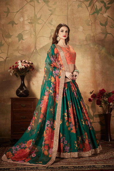 Aastha Fashion Women's Refreshing Dark Green Floral Print Organza Silk Wedding Lehenga Choli With Orange Blouse - Distacart