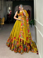 Thumbnail for Vastranavya Polyester Viscose Chanderi Lehenga Choli With Intricate Print And Dupatta - Mustard - Distacart
