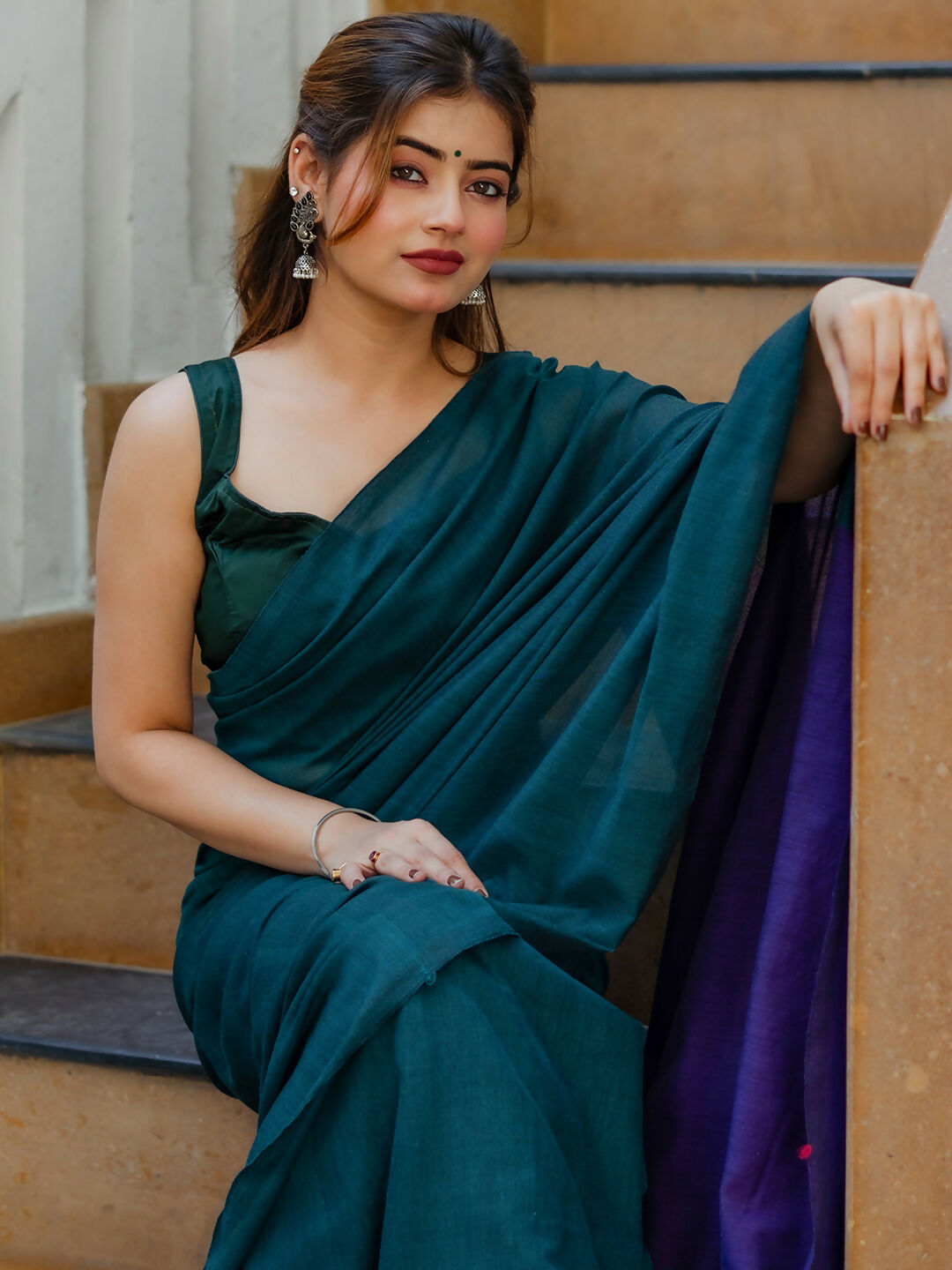 Zibaa Hand-Dyed Mul Cotton Peacock Green Saree with Tassels