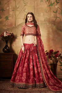 Thumbnail for Aastha Fashion Women's Stunning Maroon Floral Print Organza Silk Wedding Lehenga Choli With Peach Blouse - Distacart