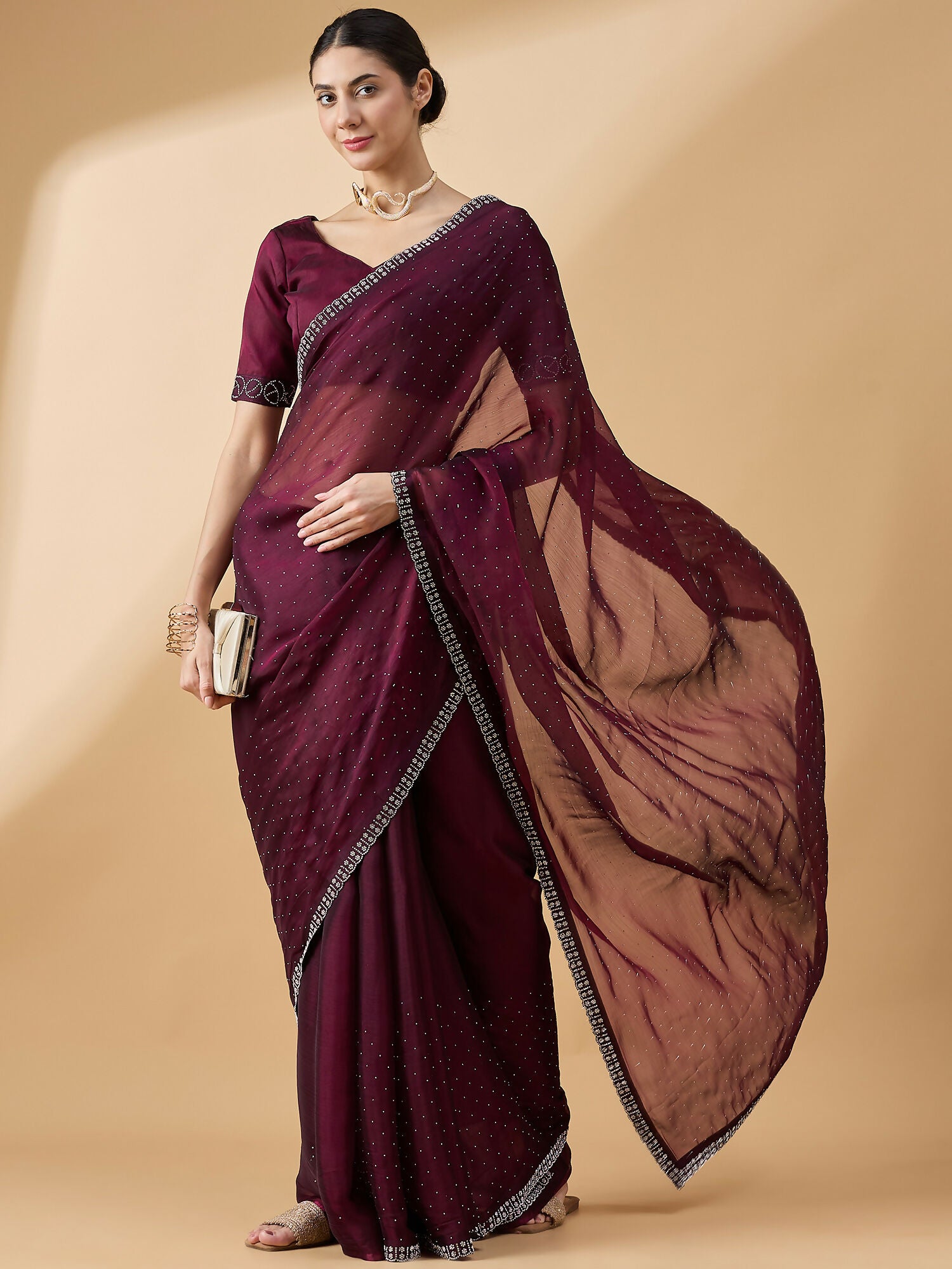 Purple Organza Swaroski Diamond Work Saree with Unstitched Blouse - Radha - Distacart