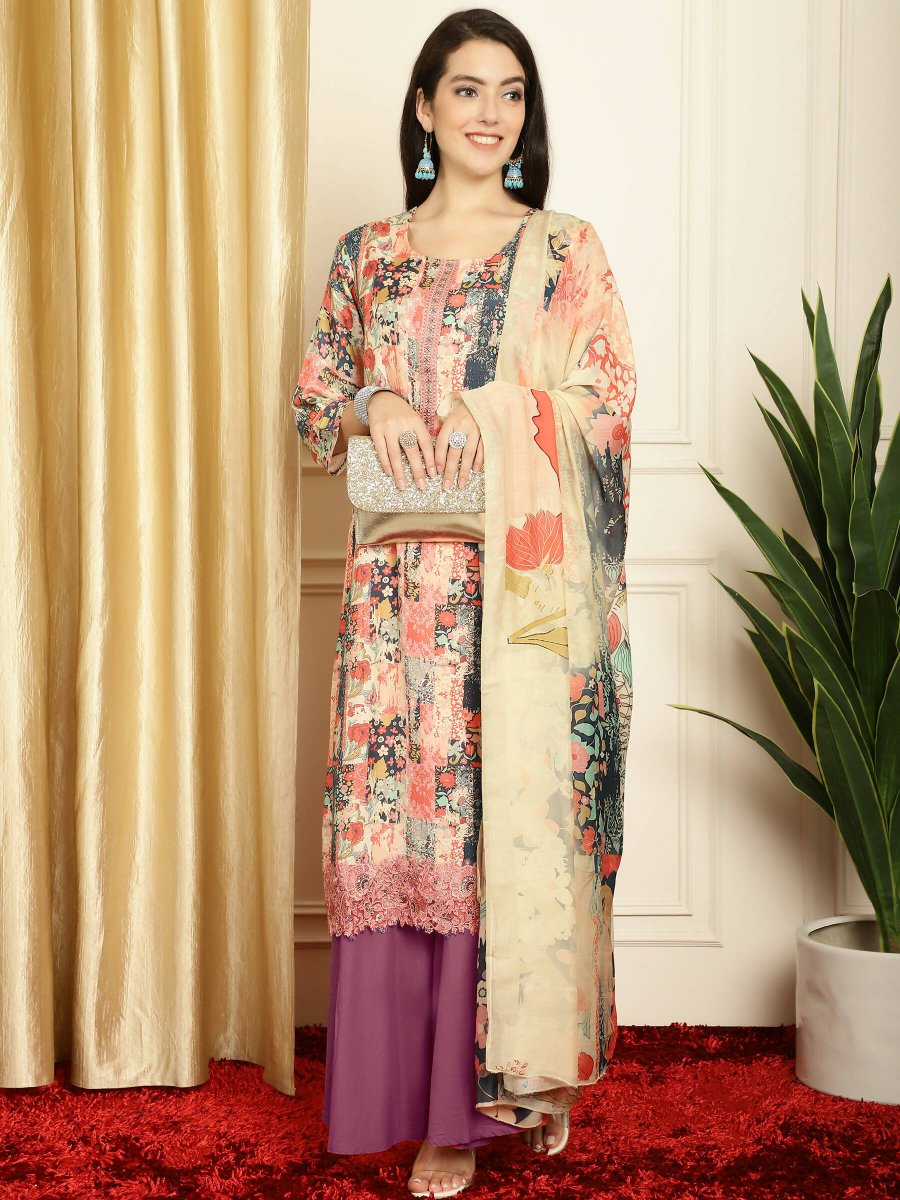 Aastha Fashion Women's Multicolor Muslin Digital Printed with Embroidered Lace work Kurta with Trouser & Dupatta - Distacart