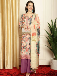 Thumbnail for Aastha Fashion Women's Multicolor Muslin Digital Printed with Embroidered Lace work Kurta with Trouser & Dupatta - Distacart