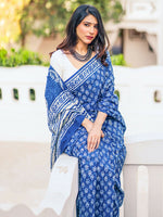 Thumbnail for Zibaa Hand-Blocked Pure Mul Cotton Indigo Saree