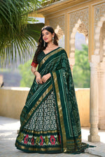 Thumbnail for Vastranavya Designer Ikkat Print With Foil Work Lehenga Choli - Green - Distacart