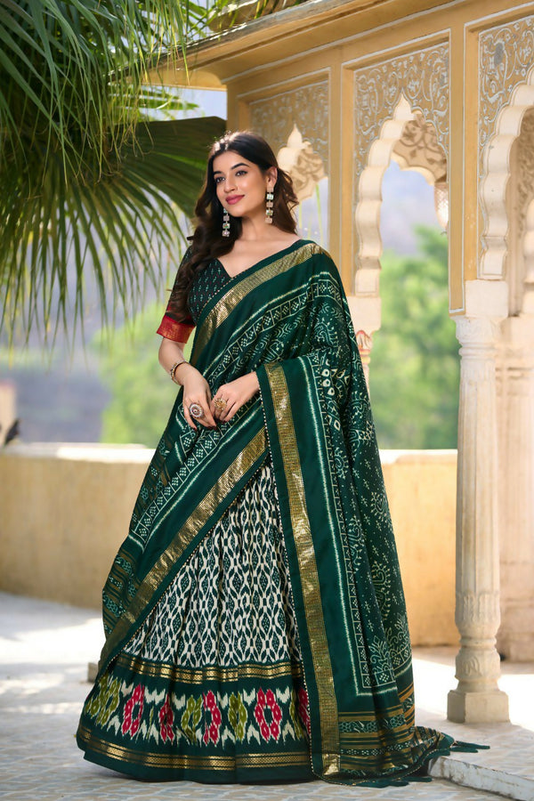 Vastranavya Designer Ikkat Print With Foil Work Lehenga Choli - Green - Distacart