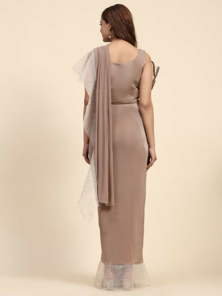 Light Brown Lycra Solid Ready to Wear Saree with stitched Blouse - Nita - Distacart