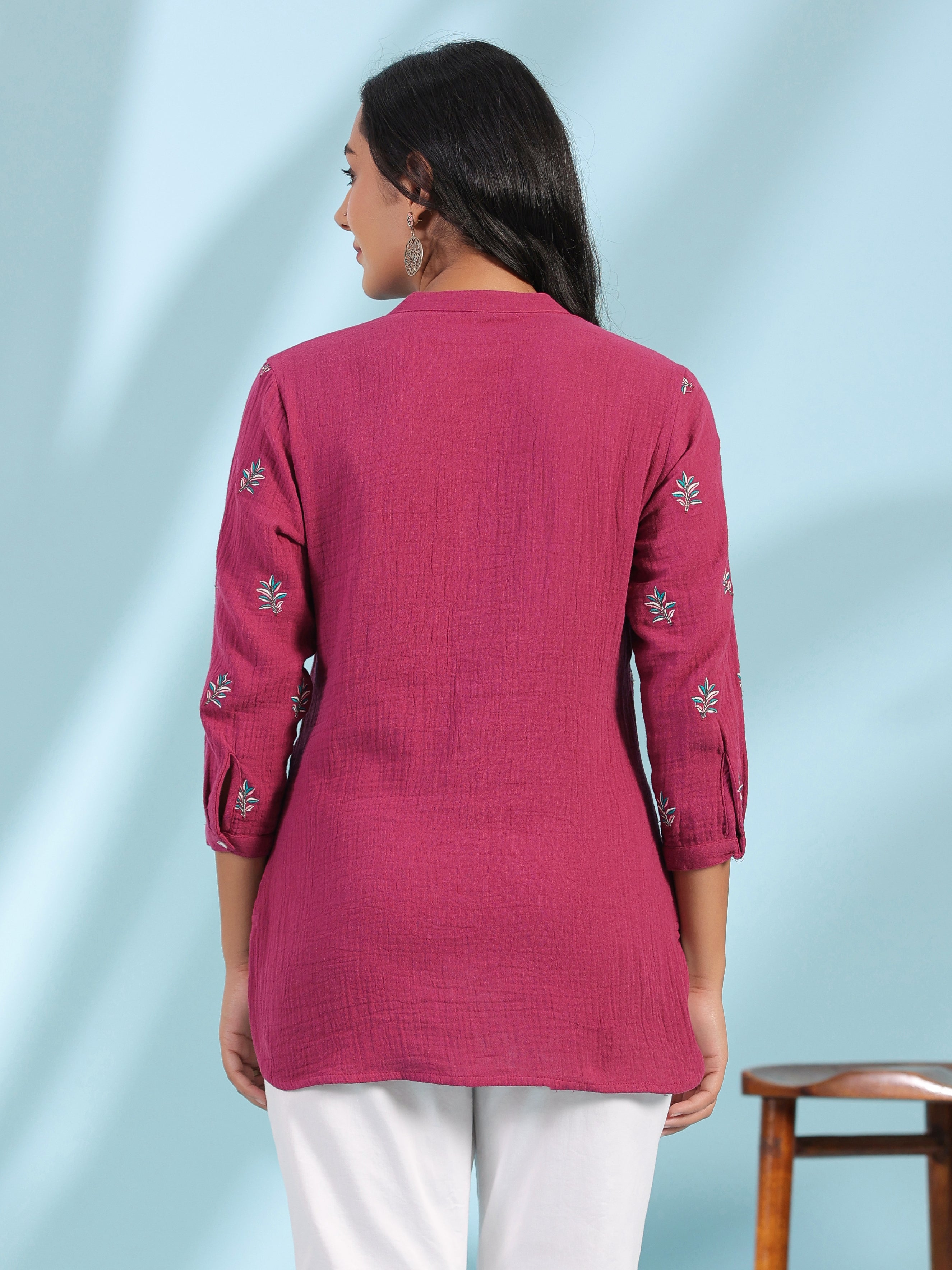 Juniper Women Wine Double Gauze Embroidered High-Low Tunic - Distacart