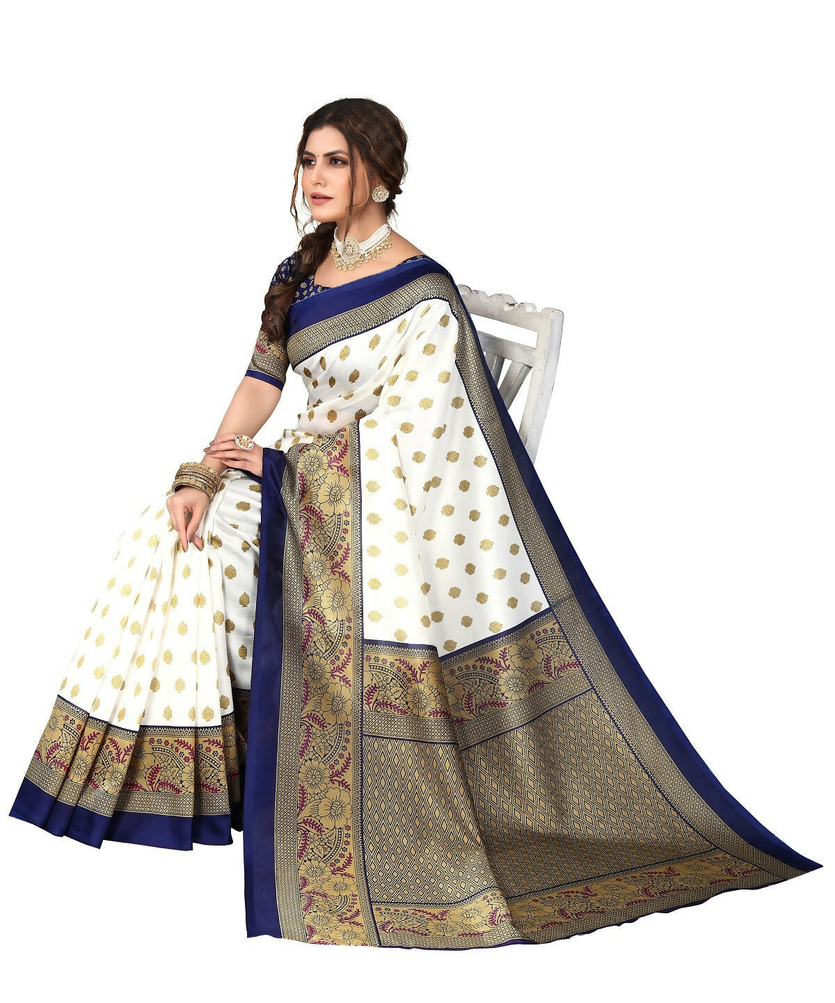 Vamika white & navy Printed Art Silk Saree - Distacart