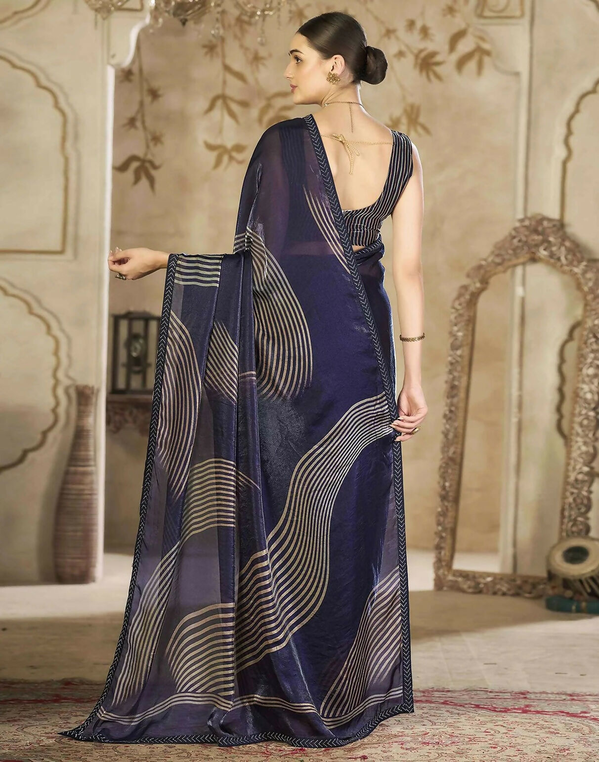 Joban Fashion Satin Organza Navy Blue Swarovski Saree