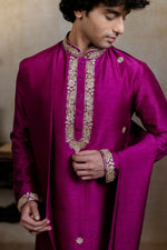 Thumbnail for Falling Raw Silk Magenta Perple Rajyog Kurta Set By Hilo Design